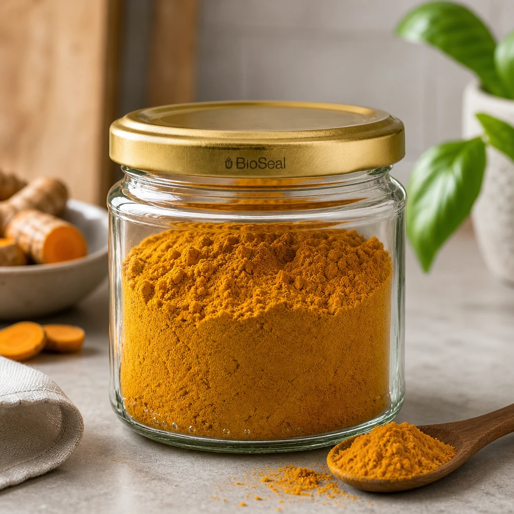 Rundglas 212ml mit goldenem BioSeal Deckel gefüllt mit Kurkumapulver zeigt praktische Gewürzaufbewahrung