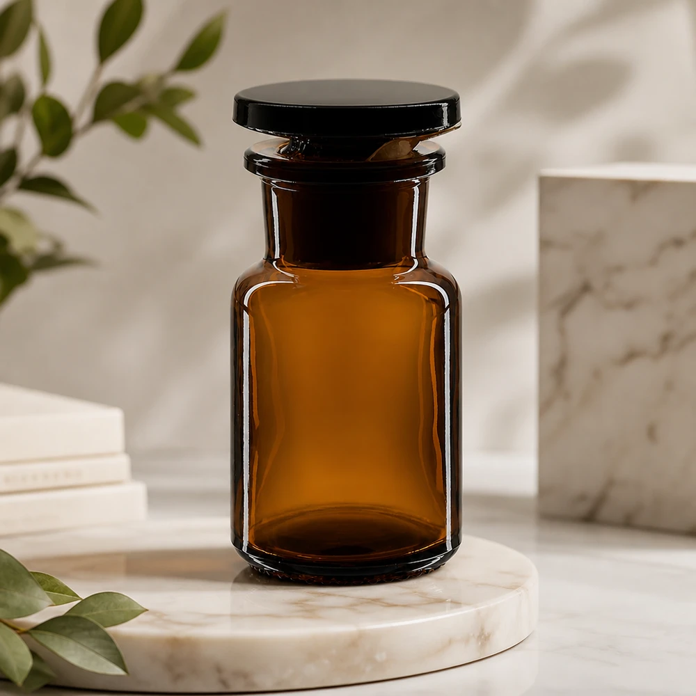 Flacon pharmaceutique 50 ml col large + bouchon verre ambré Flacon en verre ambré de 50 ml à col large et bouchon en verre pour substances photosensibles