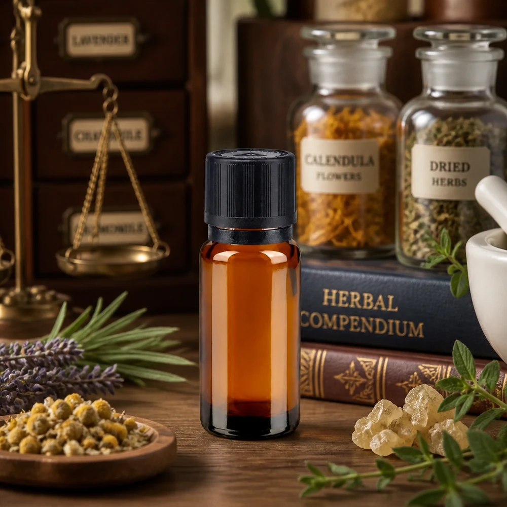 Flacon en verre brun de 10 ml muni d'un bouchon de sécurité enfant OV, à côté d'un compendium des plantes médicinales et de plantes médicinales séchées