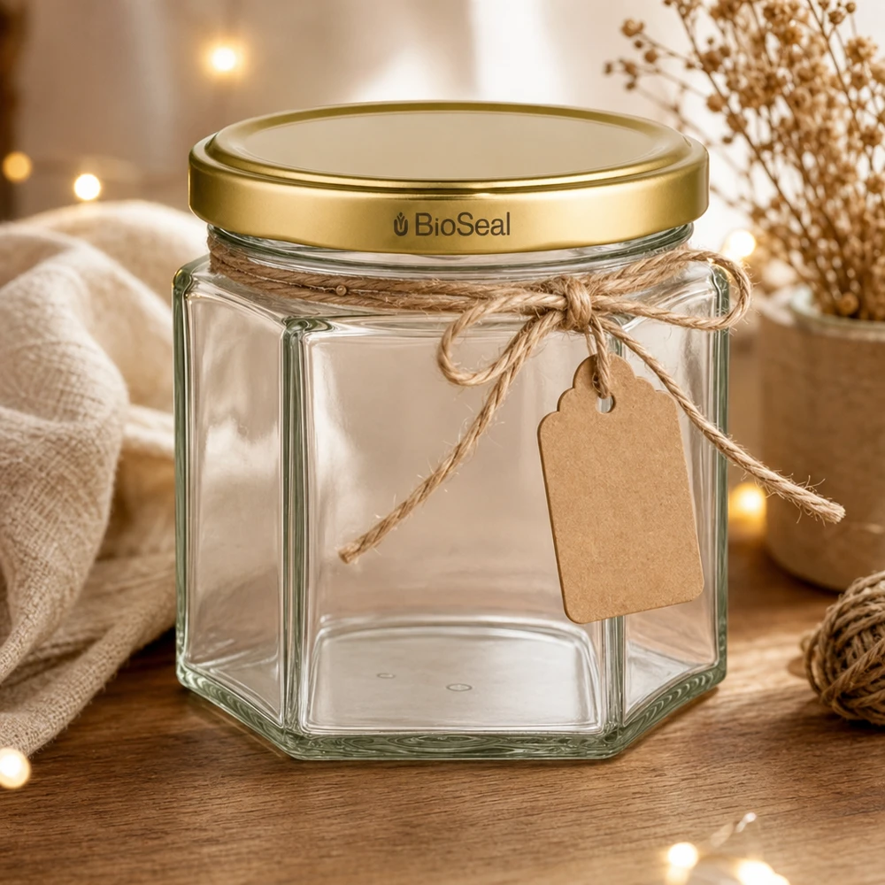 UNiTWIST Hexa47 Récipient en verre avec couvercle BioSeal doré et étiquette cadeau dans une ambiance chaleureuse
