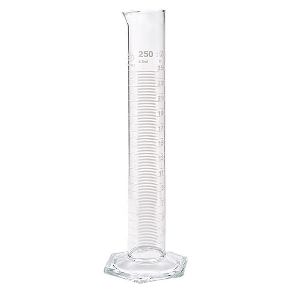 Éprouvette graduée 250 ml, forme haute et graduations blanches, ISO 4788