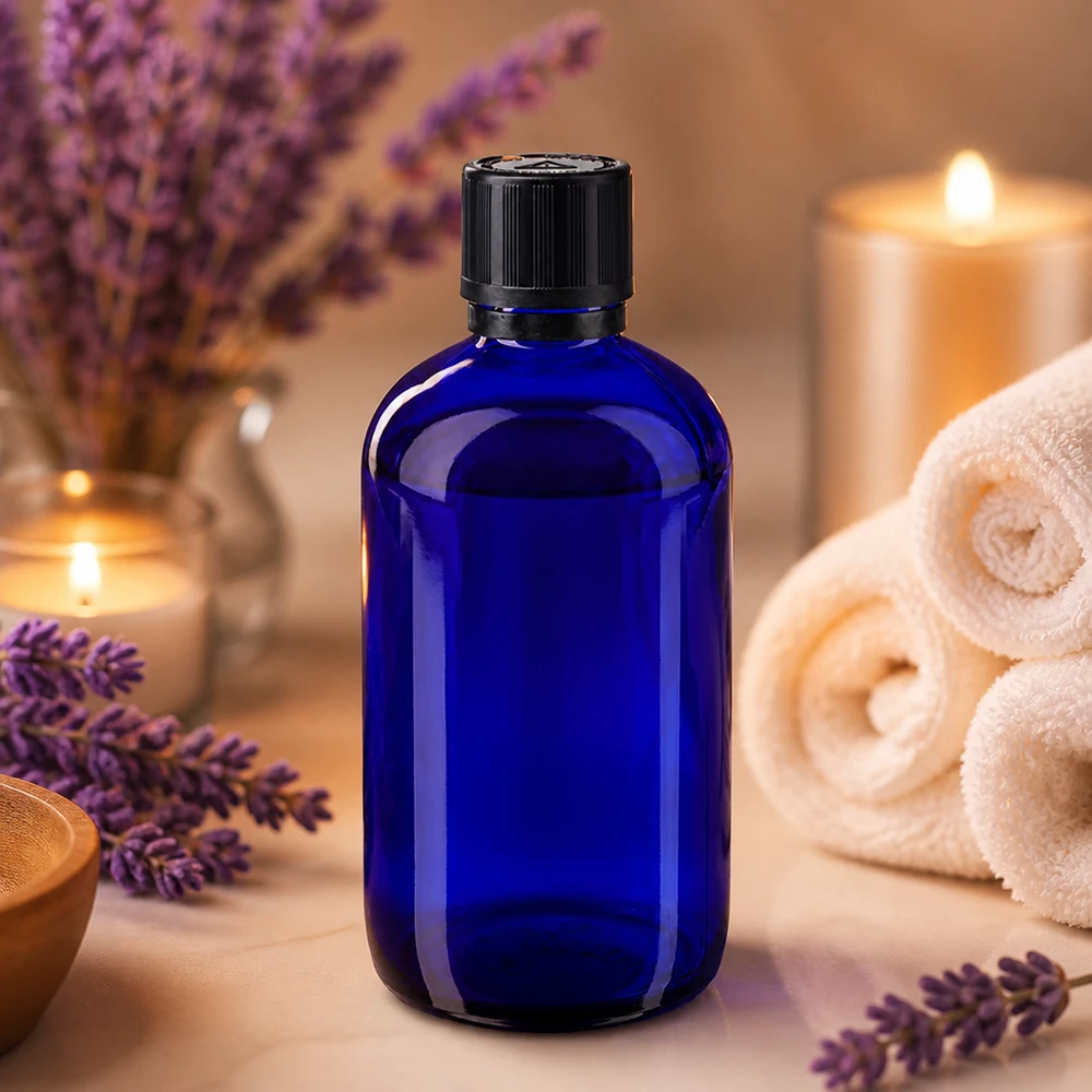 Flacon en verre bleu de 100 ml avec bouchon OV KiSi et compte-gouttes, pour huiles essentielles et aromathérapie