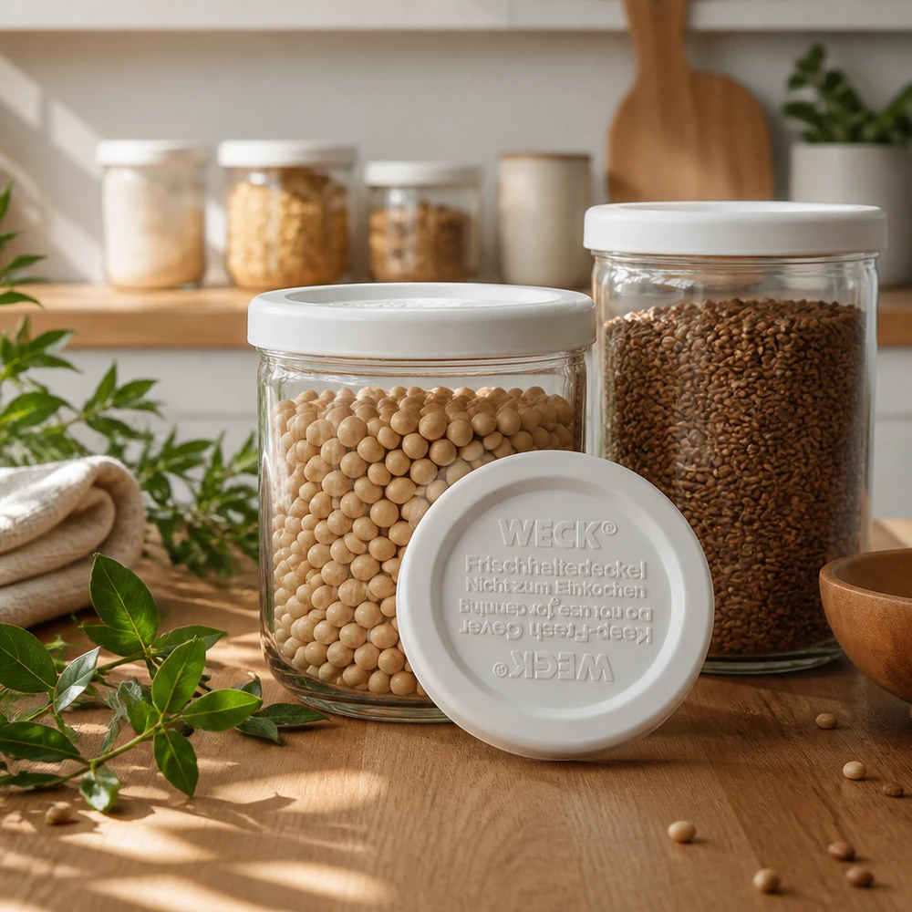 WECK Couvercle de conservation des aliments frais RR40 dans la cuisine avec des bocaux de stockage remplis de légumes secs pour une conservation optimale des aliments