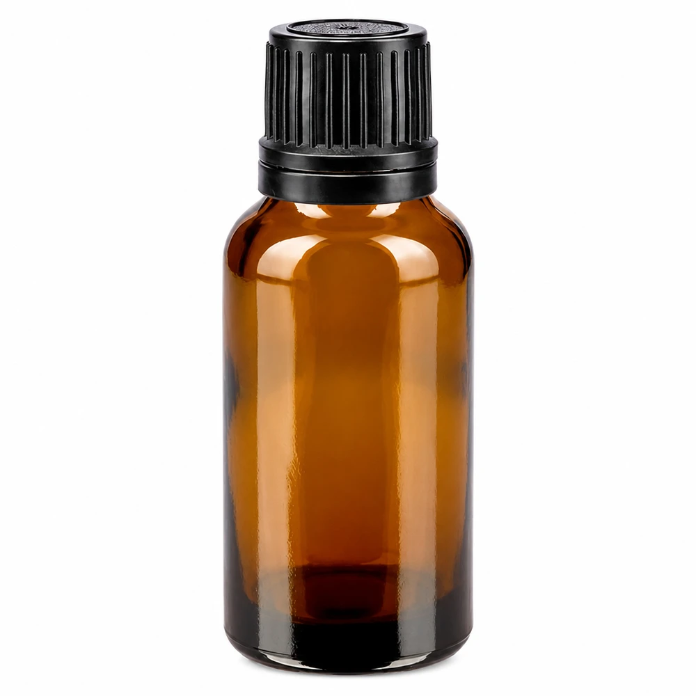 Flacon en verre brun de 20ml avec bouchon vissable noir et bague verseuse Flacon en verre ambré de 20 ml avec bouchon noir d'origine, anti-gouttes