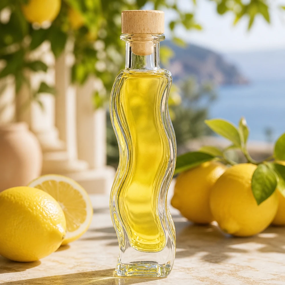 Flacon en verre « Melissa » 100 ml avec bouchon en bois UNiTWIST® Bouteille en verre Melissa 100ml remplie d'huile jaune à côté de citrons atmosphère méditerranéenne bouchon en liège