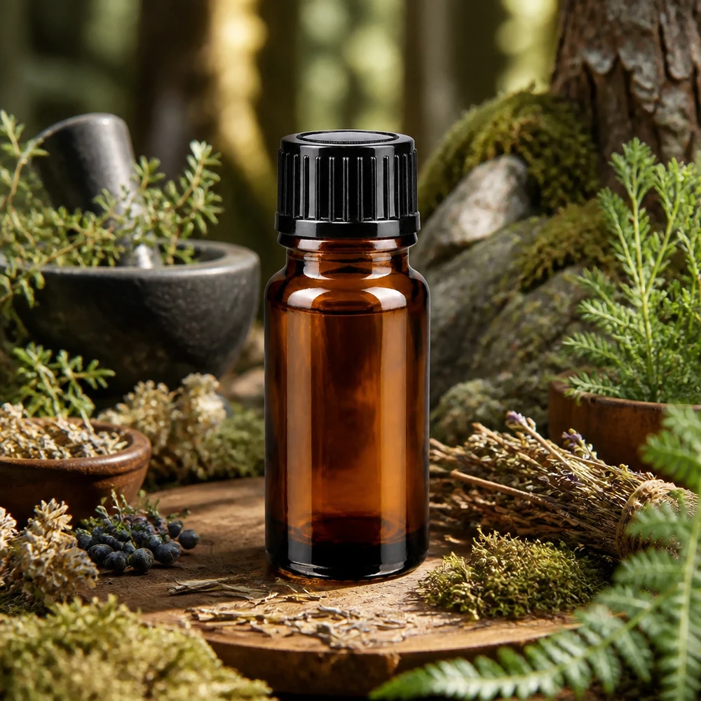 Flacon compte-gouttes ApoGlas de 10 ml en verre ambré, entouré de baies de genévrier et d'herbes séchées