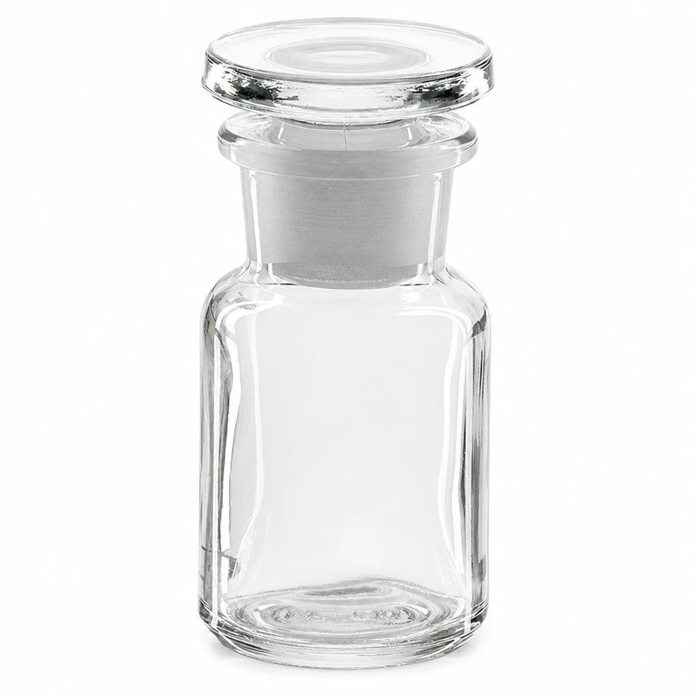 Flacon pharmaceutique 50 ml col large + bouchon verre clair Petite bouteille en verre transparent de 50 ml à épaulement arrondi, munie d'un bouchon en verre blanc, pour échantillons et produits chimiques