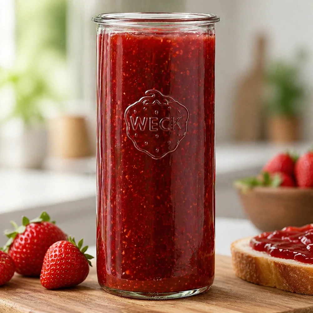 Pot renversé WECK RR100 de 1500 ml rempli de confiture de fraises rouges à côté de fraises fraîches et de pain sur une table en bois