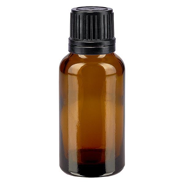 Flacon en verre brun de 20ml avec bouchon vissable noir et bague verseuse Flacon en verre brun de 20ml avec bouchon vissable noir et bague verseuse