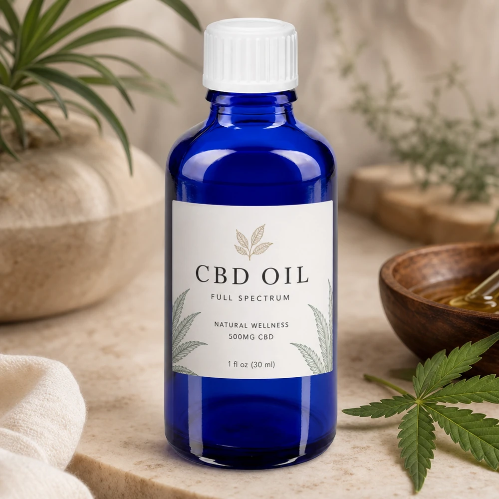 Flacon en verre standard bleu cobalt de 50 ml avec étiquette mate, destiné aux cosmétiques naturels et au bien-être