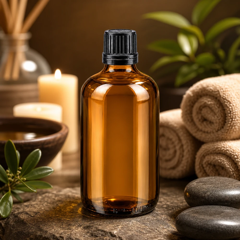 Flacon compte-gouttes en verre brun de 100 ml avec bouchon OV à sécurité enfant, accompagné de pierres de massage et de serviettes