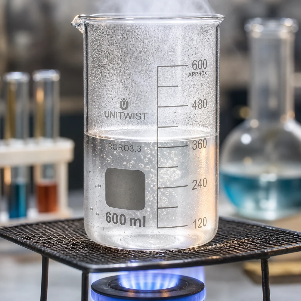 Bécher 600ml borosilicate, forme haute UNITWIST Verre à bec UNITWIST de 600 ml, forme haute, en borosilicate, avec dégagement de vapeur lors du chauffage en laboratoire