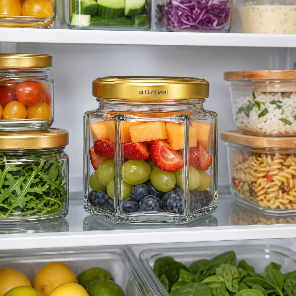 Pot de miel BioSeal de 60g avec couvercle doré dans le réfrigérateur rempli de fruits à côté de légumes et autres bocaux de stockage
