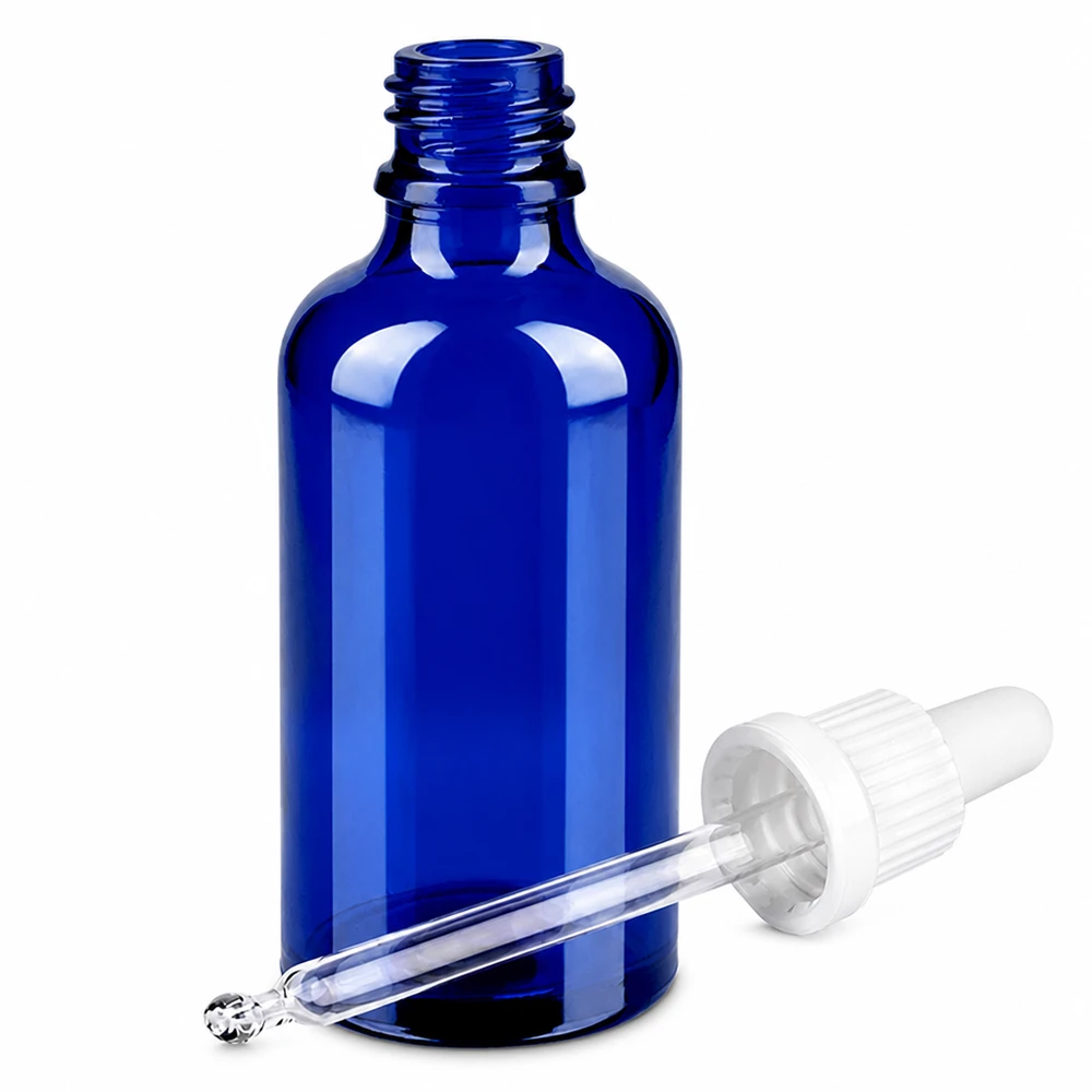 Flacon à pipette 50ml blanc OV BlueLine UT18/50 Elégant flacon en verre bleu de 50 ml avec pipette compte-gouttes OV BlueLine UT18/50 Protection UV