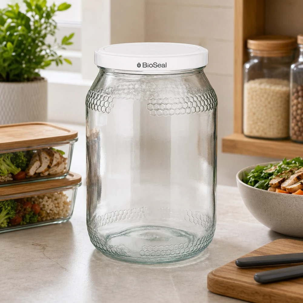 Pot à miel vide de 900 ml avec couvercle blanc BioSeal dans une cuisine moderne à côté des bocaux à provisions et du saladier