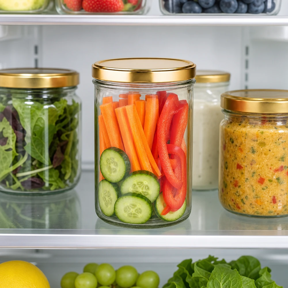 277ml Verre conique avec couvercle BasicSeal or UNiTWIST Pot renversé de 277ml avec couvercle doré UNiTWIST au réfrigérateur avec des légumes coupés en morceaux Carottes Poivrons Concombres