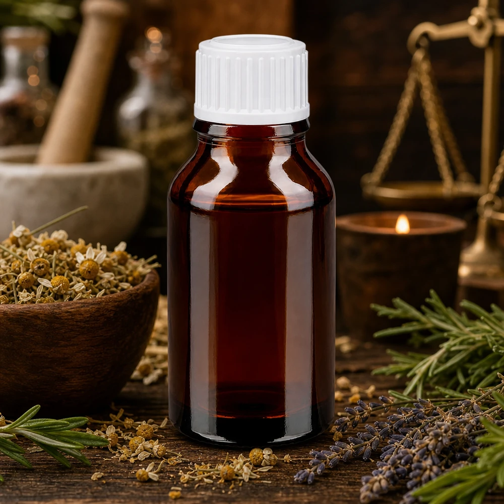 Petit flacon de pharmacie de 15 ml en verre ambré avec bouchon doseur blanc, parmi des herbes