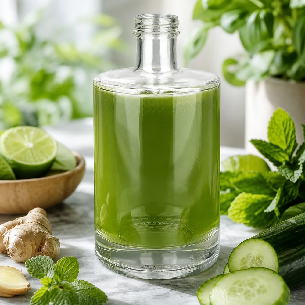 Bouteille en verre de 500 ml Sam remplie de smoothie vert entouré d'ingrédients frais menthe concombre gingembre citron vert