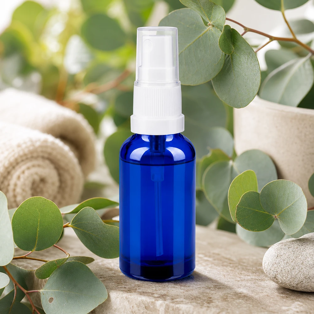 Vaporisateur 30ml blanc/tr. STD BlueLine UT18/30 Vaporisateur compact en verre bleu de 30 ml pour lotion tonique et produits de soin liquides