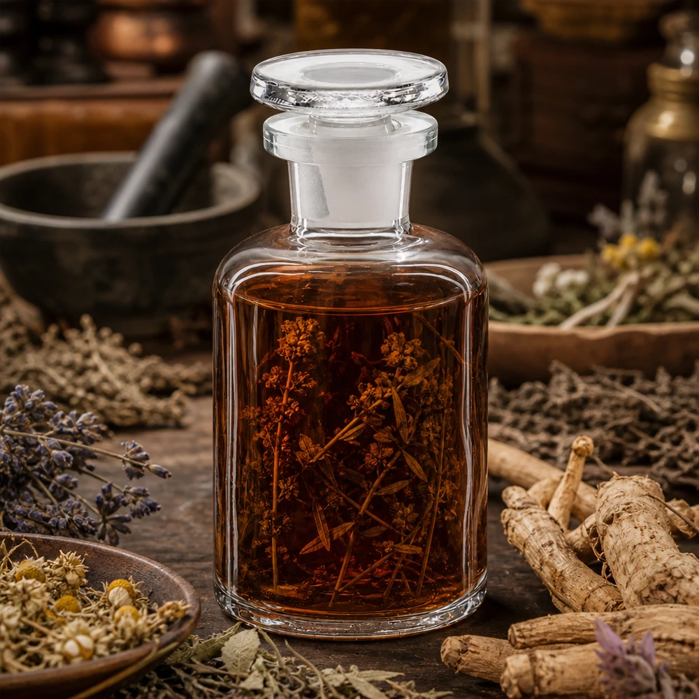 Flacon pharmaceutique 50 ml col étroit en verre clair + bouchon Flacon classique de 50 ml, transparent, à épaulement arrondi et col étroit, muni d'un bouchon en verre, destiné à la médecine naturelle