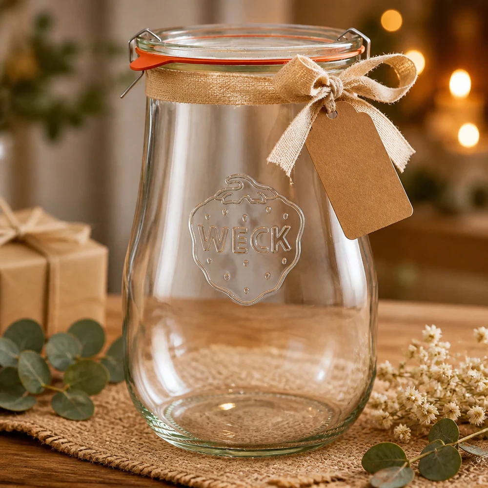 WECK Pot tulipe 1750ml RR100 décoré de manière festive avec un ruban de jute et une étiquette cadeau comme idée de cadeau pour Noël