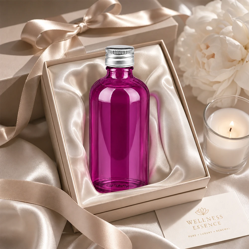 Flacon de 100ml. Bouchon à vis 11mm alu-argent standard PurpleLine. UT18/100 Bouteille élégante de 100 ml d'un violet lumineux avec un couvercle en aluminium élégant pour les rituels de beauté