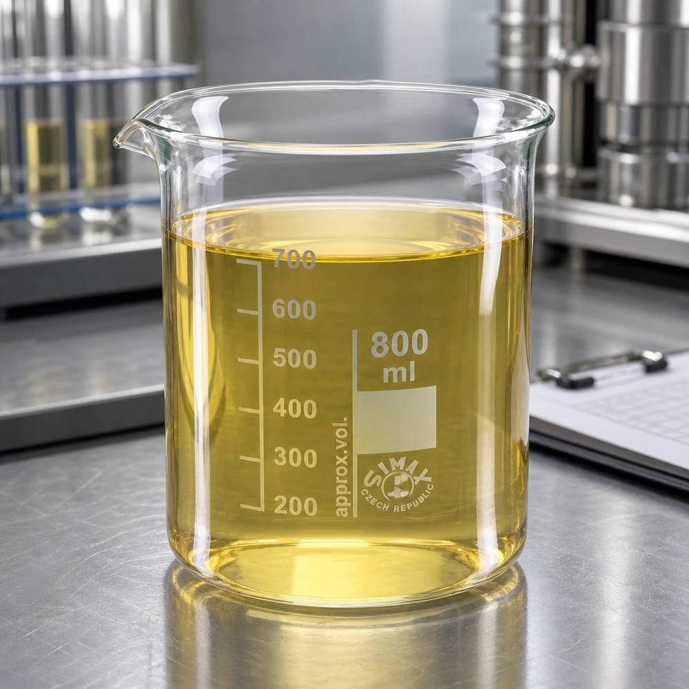 Bécher 800ml en verre borosilicate résistant à la chaleur (forme basse) Verre de laboratoire 800ml en verre borosilicaté robuste avec liquide de test jaune sur table de laboratoire