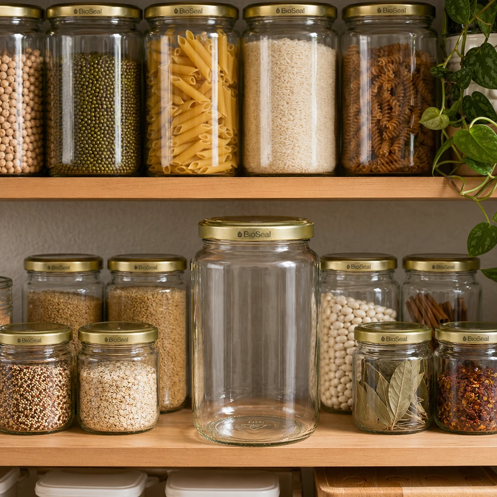 1000g de pot de miel BioSeal dans une cuisine organisée avec des pâtes, du riz et des épices montre une conservation parfaite de la cuisine