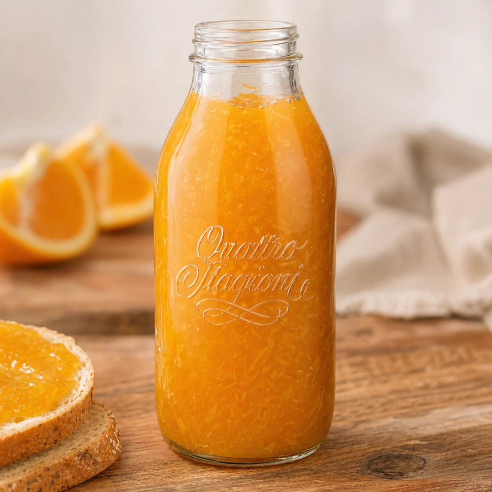1000ml Bouteille en verre "Quattro Stagioni" QS56mm Bouteille à col large 1000ml Quattro Stagioni avec jus d'orange frais sur table en bois avec tranches d'orange
