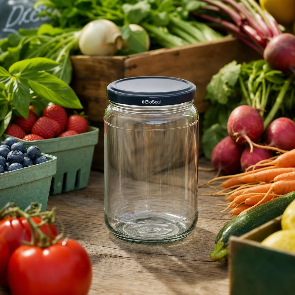 305ml Verre rond avec couvercle BioSeal noir UNiTWIST UNiTWIST Runda305 Vorratsglas mit schwarzem BioSeal Deckel inmitten frischem Marktgemüse und Obst auf Holztisch