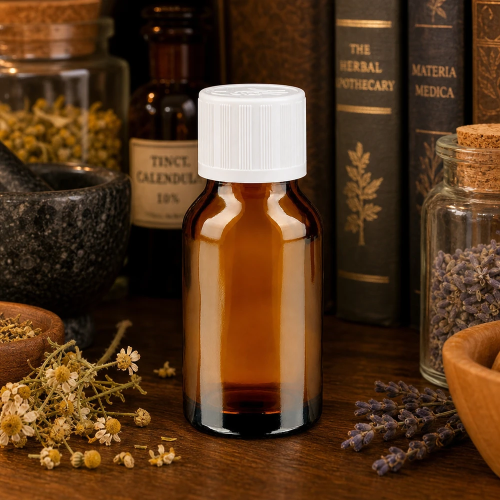 Flacon de pharmacie en verre brun de 30 ml avec bouchon de sécurité blanc pour enfants de 11 mm, destiné aux teintures et à la médecine naturelle