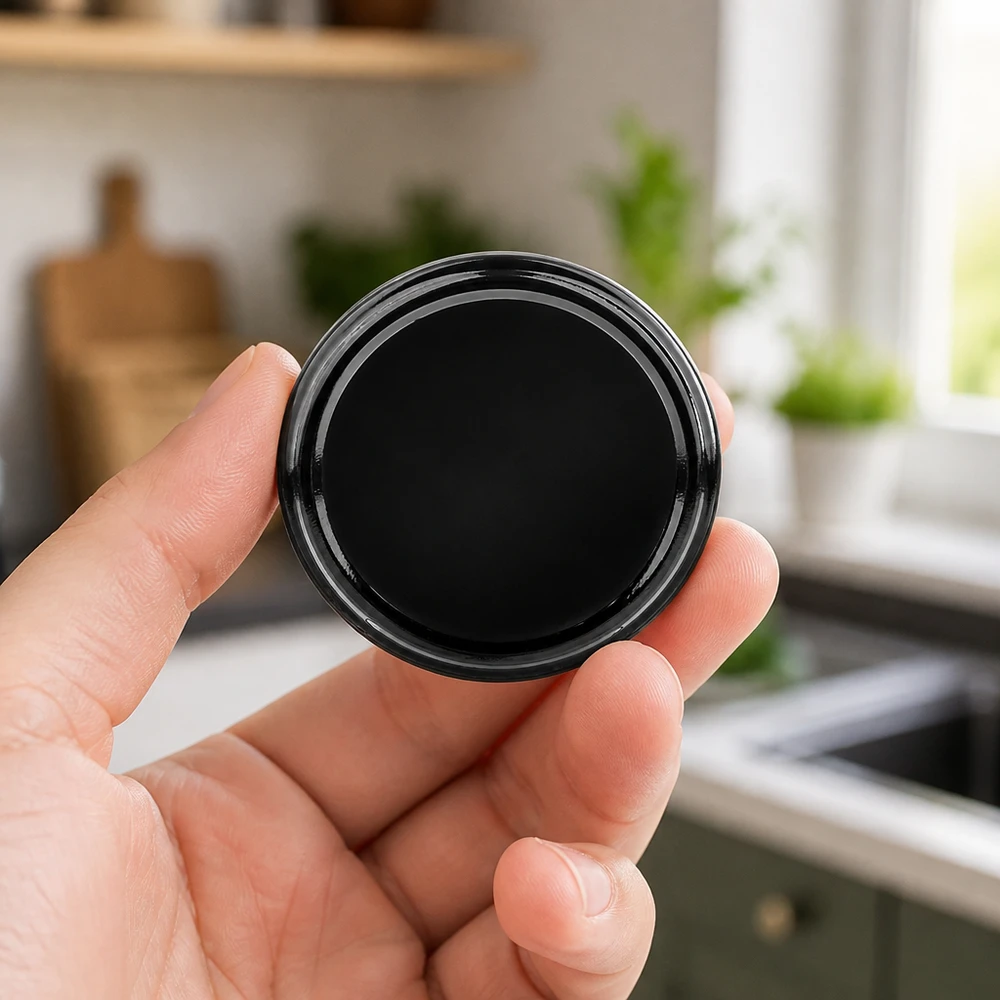 Couvercle BasicSeal noir de 63 mm (TO63) UNiTWIST Couvercle noir pour bocal de conserve 63 mm TO63 BasicSeal UNiTWIST, photographié vu d'en bas, tenu à la main