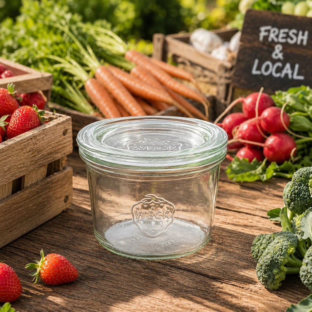 Bocal en verre de 80 ml avec couvercle en verre WECK RR60 WECK Verre renversé 80ml RR60 entouré de fruits et légumes frais sur table en bois Farmers Market Fresh Local Schild