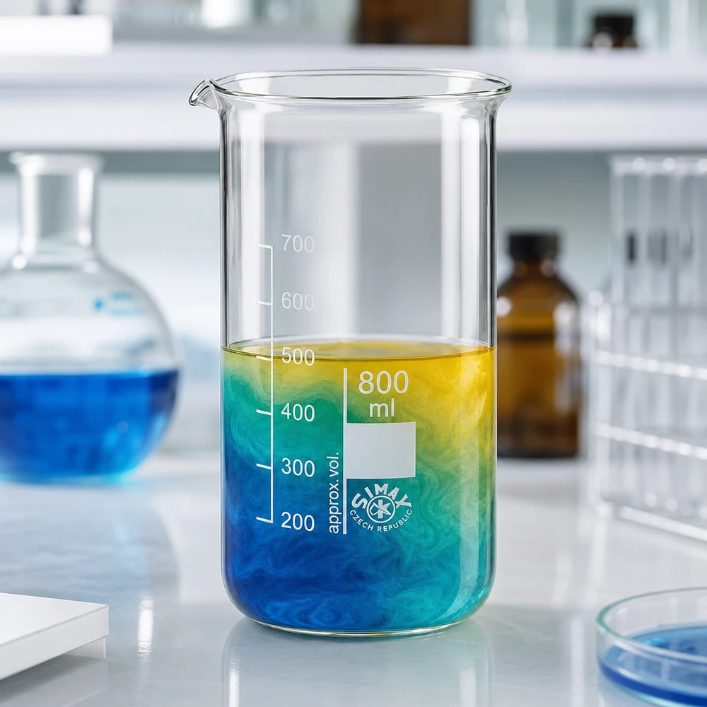 Bécher 800ml en verre borosilicate résistant à la chaleur (forme haute) Expérience de mélange chimique dans un bécher de 800 ml, de forme haute, en verre borosilicaté résistant à la chaleur