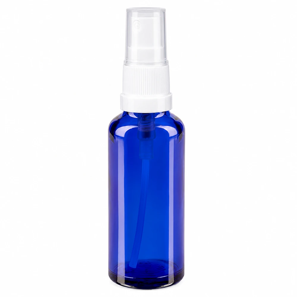 Petit flacon pulvérisateur bleu en verre d'apothicaire de haute qualité, muni d'un vaporisateur à pompe standard