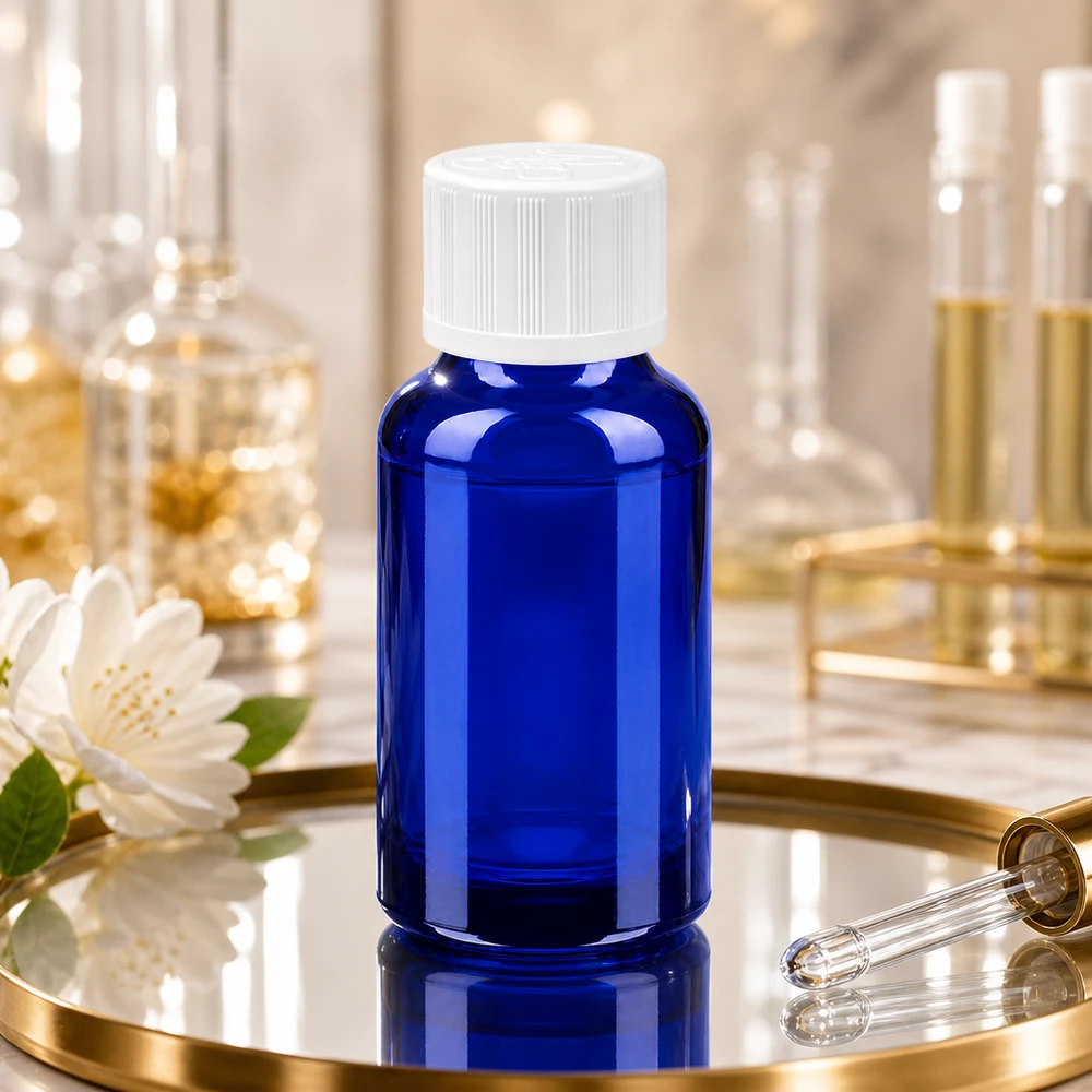 Flacon 20ml 11mm SV f. STD KiSi BlueLine UT18/20 Elégant flacon de 20ml en verre cobalt anti-UV idéal pour les pharmacies et les fabricants de cosmétiques