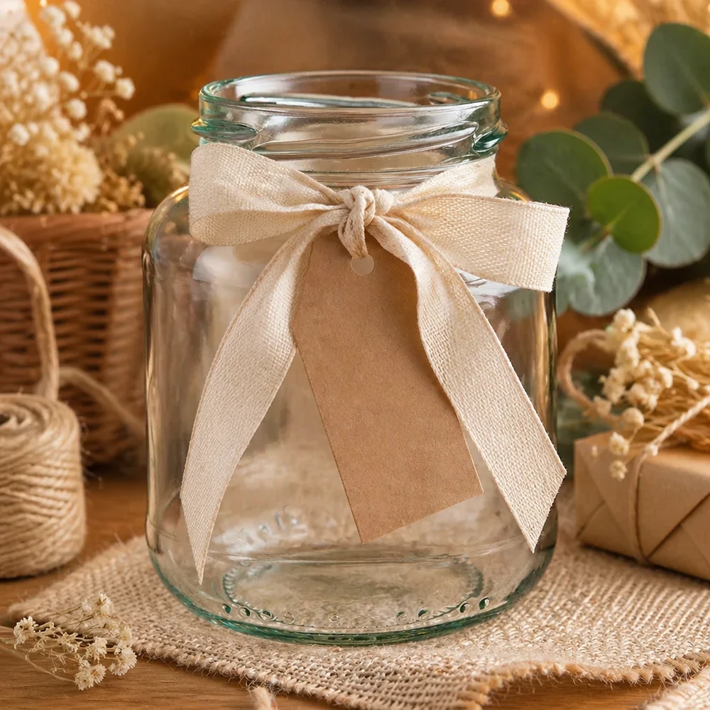 UNiTWIST Oval370 Pot de conservation 370ml TO66 avec ruban et pendentif comme emballage cadeau sur toile de jute