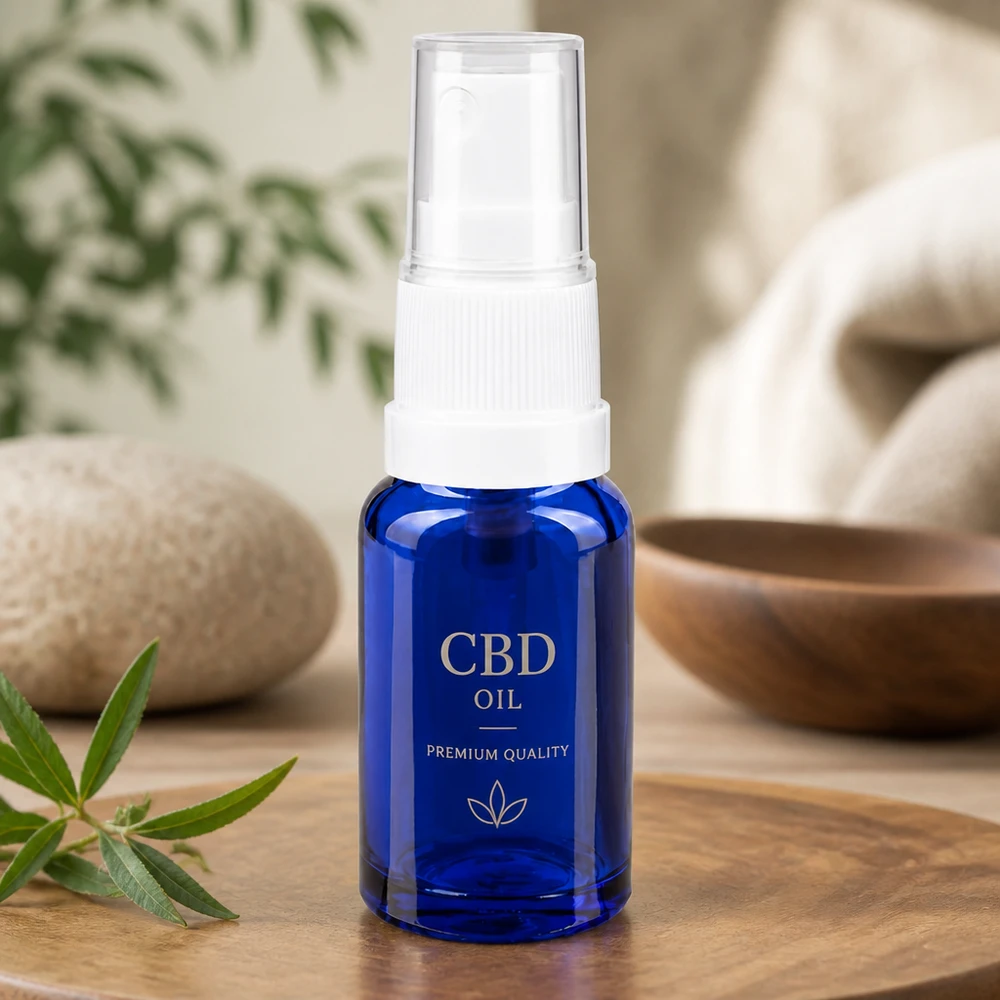 Petit flacon en verre bleu de 10 ml avec vaporisateur blanc et bouchon de protection transparent – vue de profil