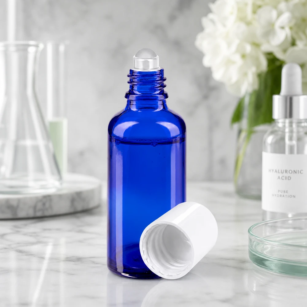 Flacon roll-on de 50 ml bleu cobalt avec bouchon à vis blanc, posé sur du marbre dans un décor de laboratoire