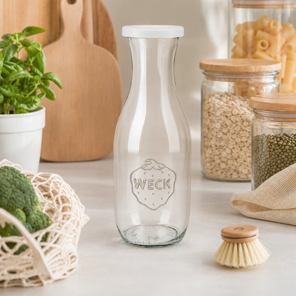 Bouteille à jus de 1 062 ml avec couvercle fraîcheur WECK RR60 Bouteille de jus WECK 1062ml dans une cuisine durable zéro déchet avec des bocaux à provisions et des ustensiles écologiques