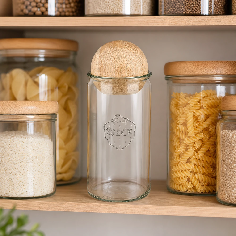 WECK Pot cylindrique 1590ml RR100 avec boule en bois dans une cuisine à provisions organisée à côté du riz, des pâtes et d'autres aliments