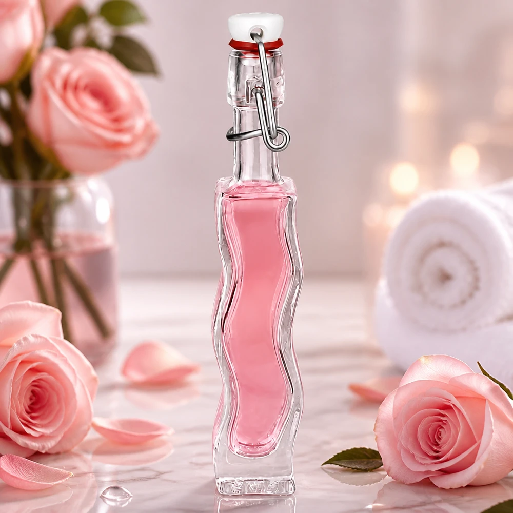 Flacon en verre « Fila » 40 ml avec bouchon en PVC UNiTWIST® Bouteille en verre Anna de 40 ml avec liquide rose dans une ambiance romantique avec des roses et des tons pastels doux