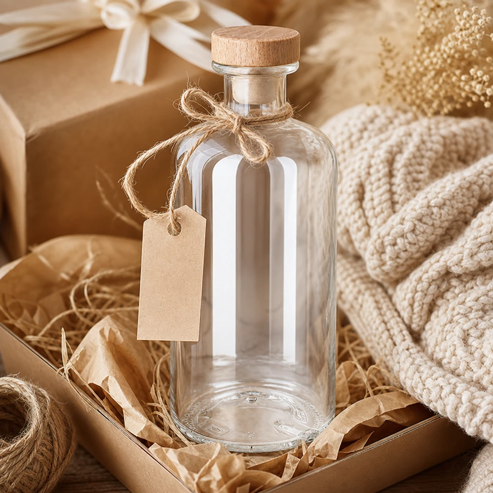 Bouteille en verre Flora de 500 ml avec bouchon en bois et étiquette cadeau dans un emballage cadeau rustique avec corde de jute