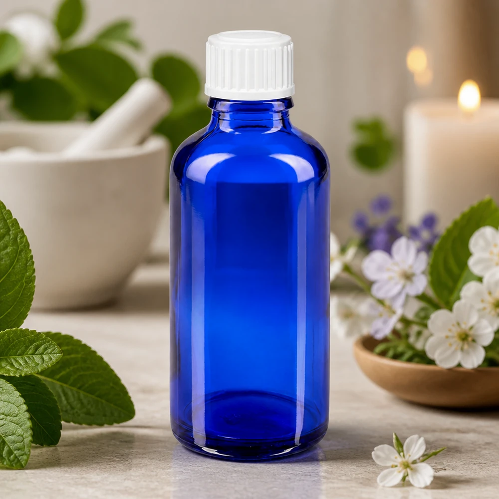 Flacon de pharmacie bleu 50ml bouchon vissable blanc standard Flacon de pharmacie bleu cobalt de 50 ml en verre anti-UV avec bouchon blanc pour huiles essentielles