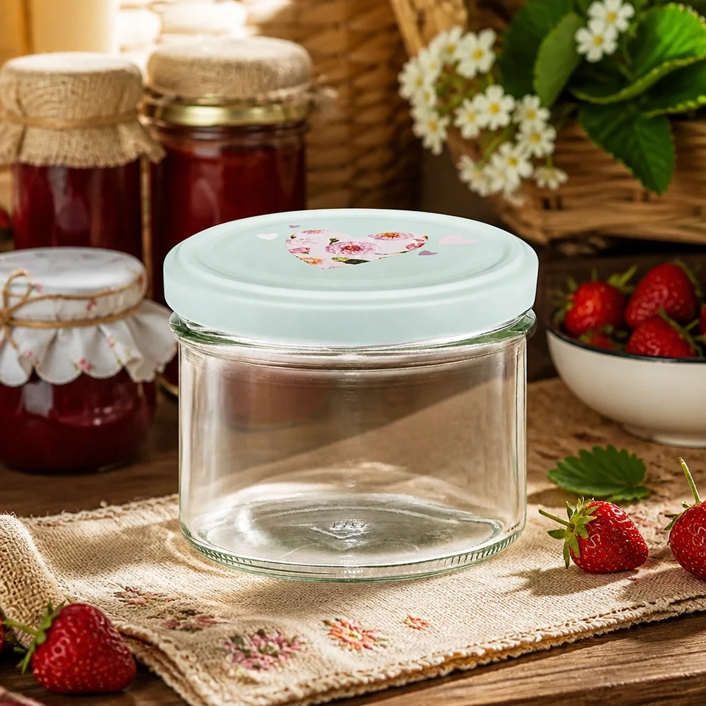 Pot à confiture vide de 225 ml avec couvercle en forme de cœur BasicSeal menthe devant un décor rustique de pots à confiture avec des fraises
