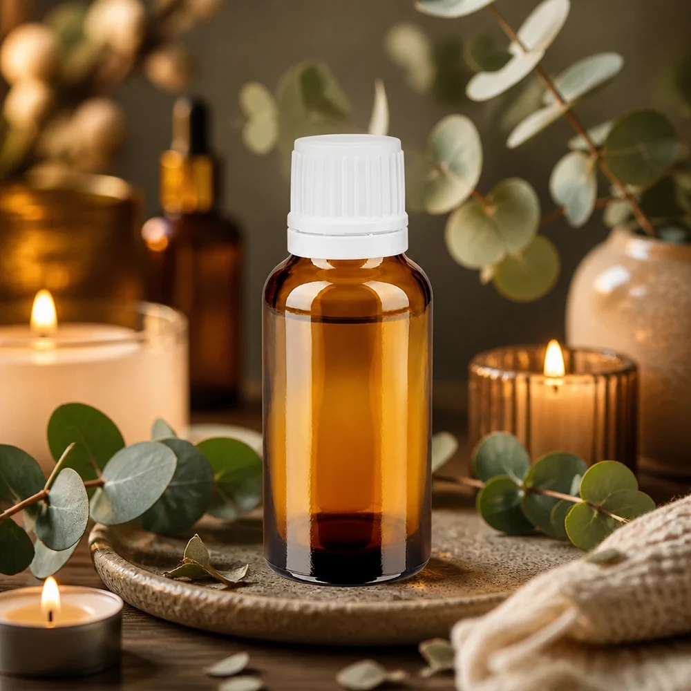 Flacon en verre ambré de 20 ml, bouchon de sécurité blanc pour enfants, protection contre les UV, utilisation en aromathérapie