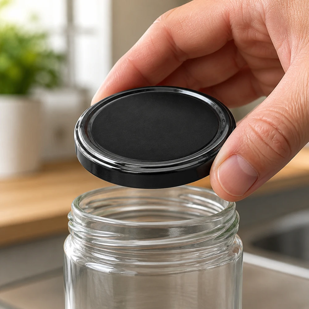Couvercle BasicSeal noir de 58 mm, modèle TO58 UNiTWIST – Gros plan sur la surface brillante