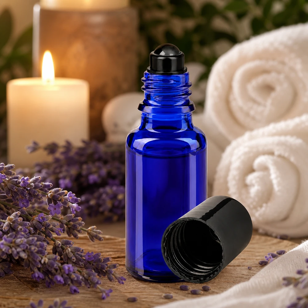 Flacon de déodorant en verre bleu 20 ml, déo à bille vide Petit flacon en verre d'apothicaire bleu de 20 ml, muni d'un bouchon à bille et dont le couvercle a été retiré