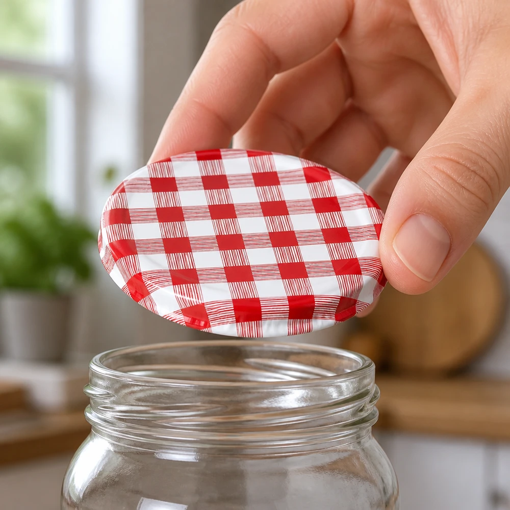 Couvercle TO82 de 82 mm avec motif à carreaux « cottage » rouge et blanc, adapté aux bocaux standard