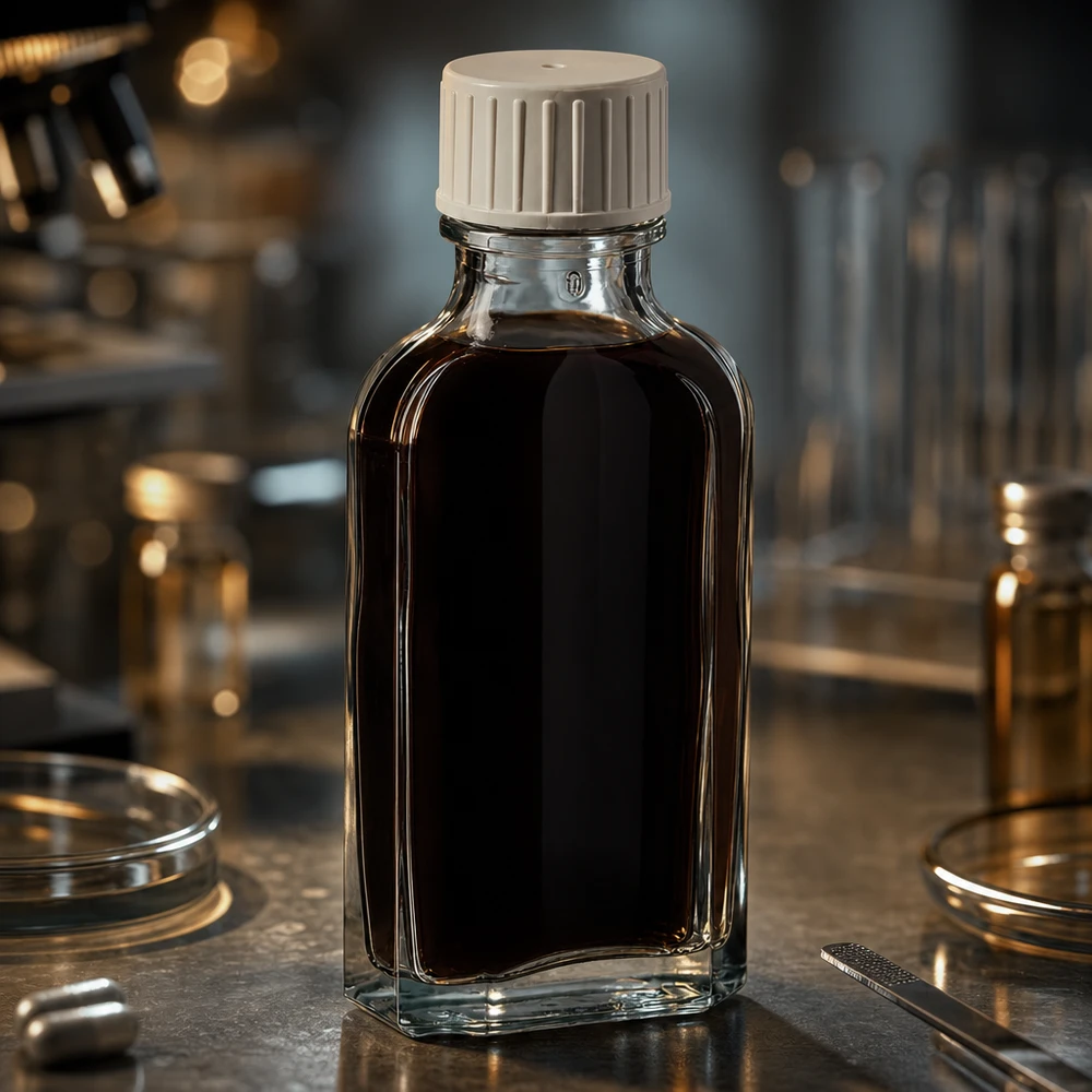 Flacon de pharmacie compact de 50 ml en verre transparent, muni d'un bec verseur intégré pour un dosage précis
